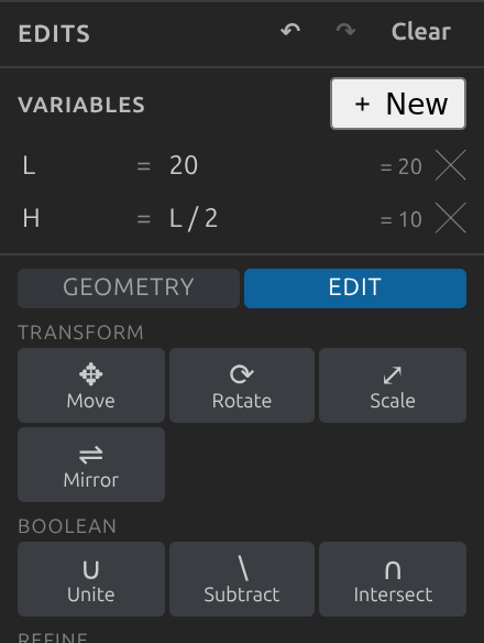 The EDIT tab: Transform (Move/Rotate/Scale/Mirror) and Boolean (Unite/Subtract/Intersect) ops.