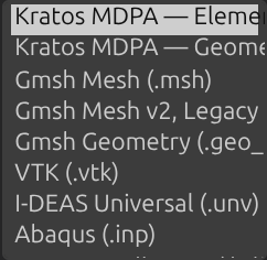 The export-format picker: Kratos MDPA, Gmsh, VTK, Abaqus, and more.