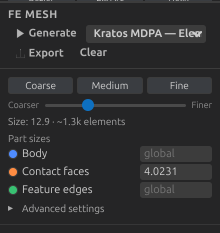 The FE Mesh panel: coarser→finer size slider, presets, per-part sizes.