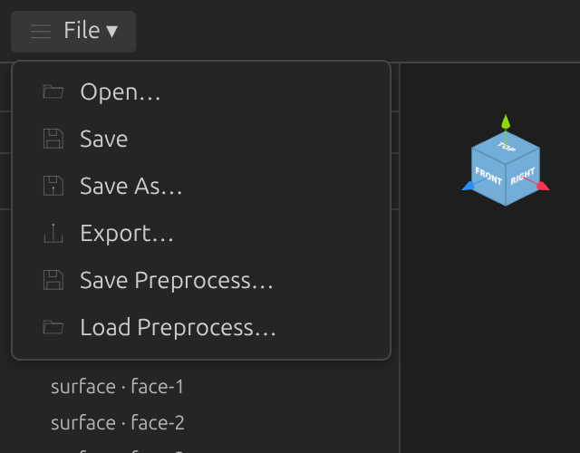 The File dropdown open, showing Open, Save, Save As, Export, Save Preprocess, and Load Preprocess.