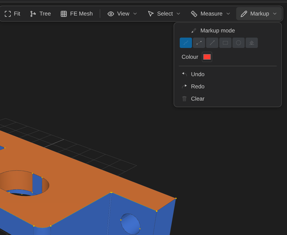The Markup menu: Markup mode, the six tools, a colour swatch, and Undo/Redo/Clear.