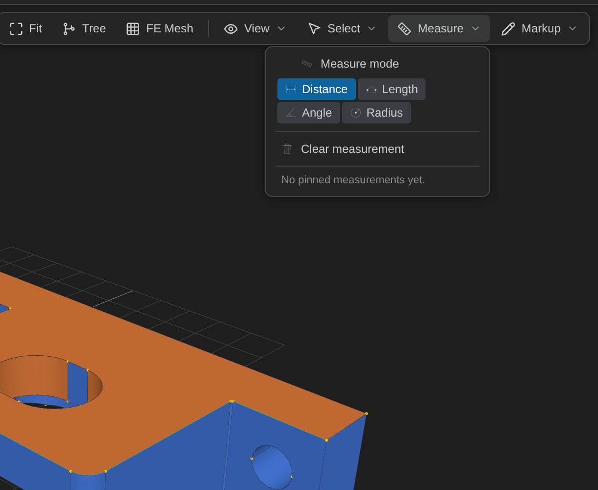 The Measure menu: Measure mode, the four tools, and Clear measurement.