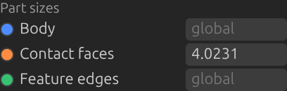 Per-part mesh-size inputs mirrored in the FE Mesh panel.