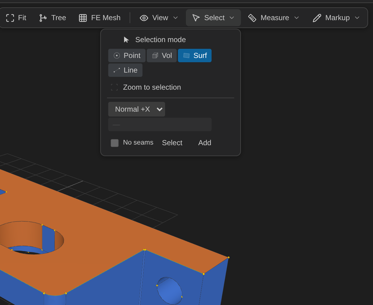 The Select menu: Selection mode, the Point/Vol/Surf/Line pick modes, Zoom to selection, and the filter form.