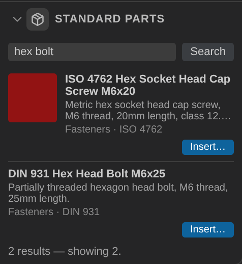 The Standard Parts panel showing two search results with their Insert buttons.