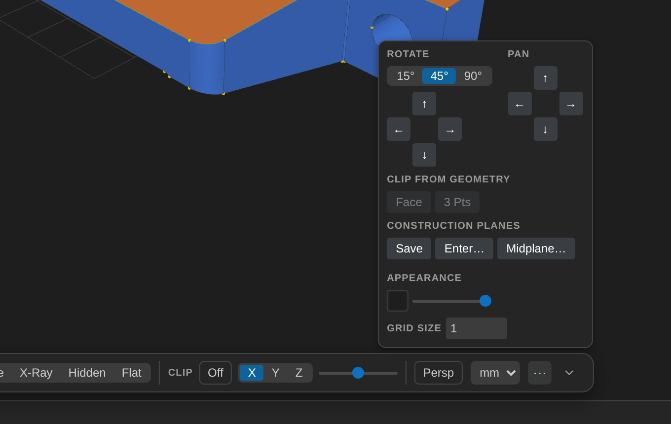 The ⋯ popover open above the dock: Rotate and Pan pads, clip Face / 3 Pts, Planes, and Appearance.