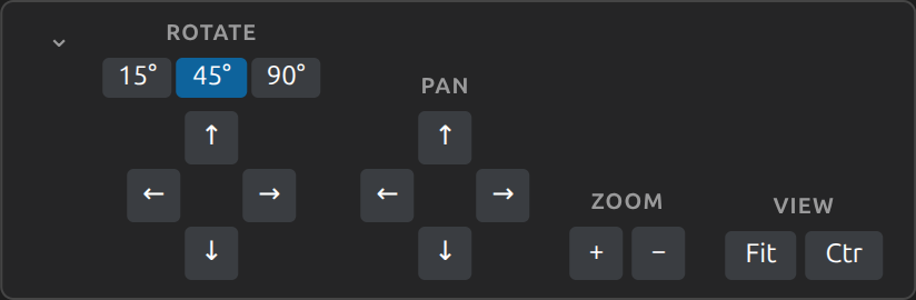The view-controls panel: stepped Rotate (15/45/90°), Pan, Zoom, and Fit/Ctr.