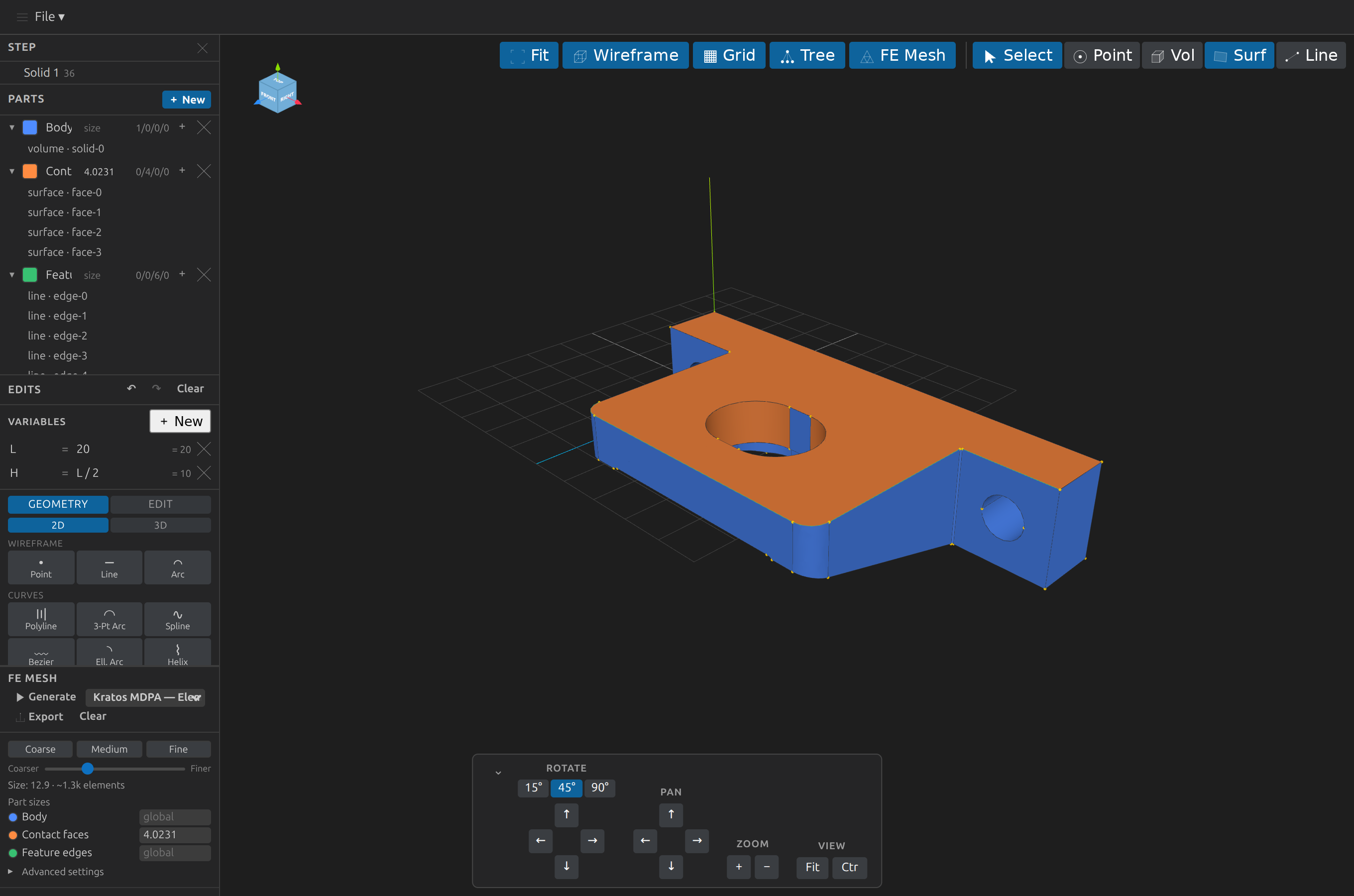 The CAD Preview editor — 3D viewer, orientation cube, Components/Parts/Edits/FE Mesh sidebar, toolbar, and view controls.