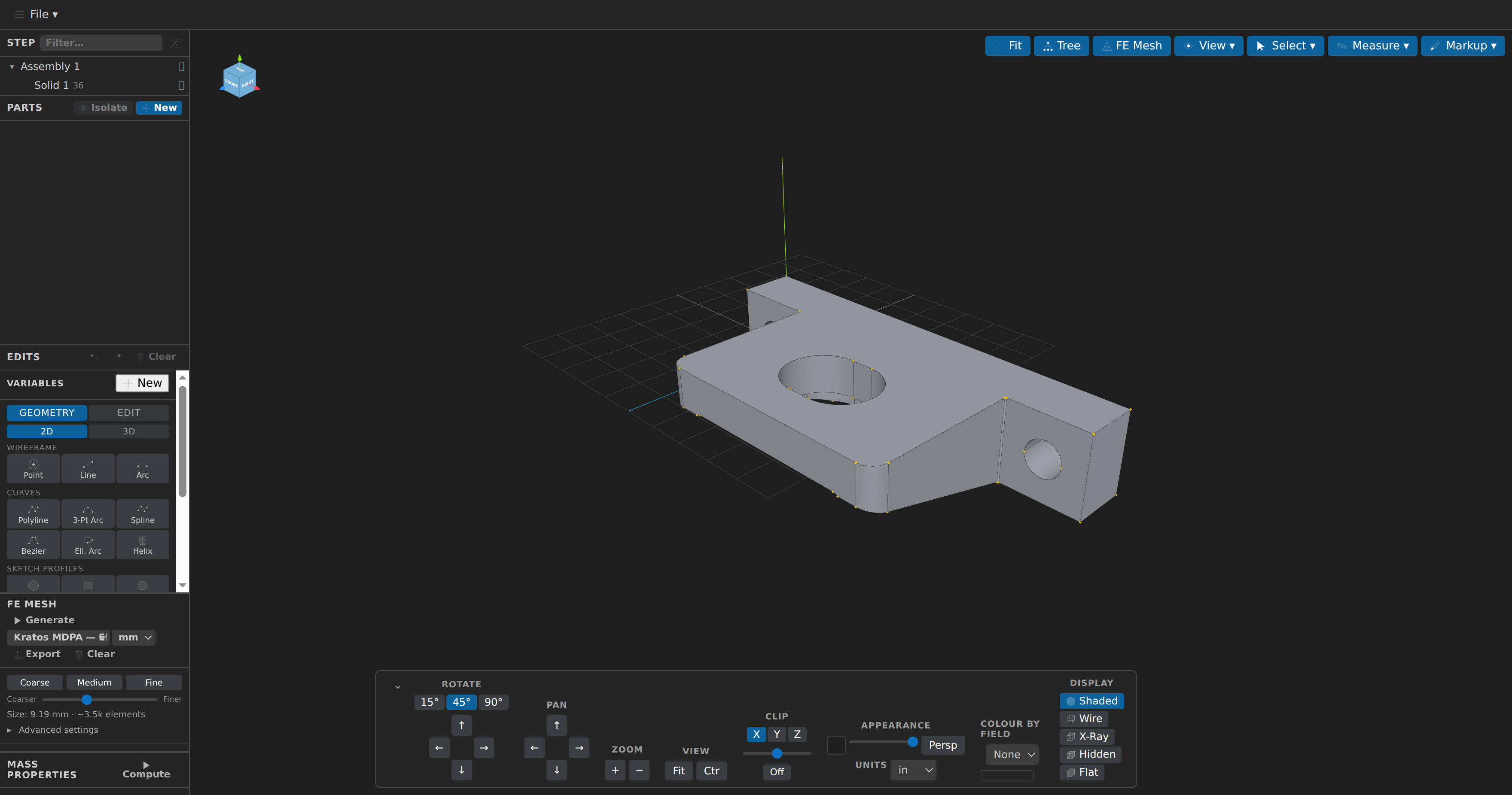 CAD mode — STEP model with parts, edits and FE meshing panels
