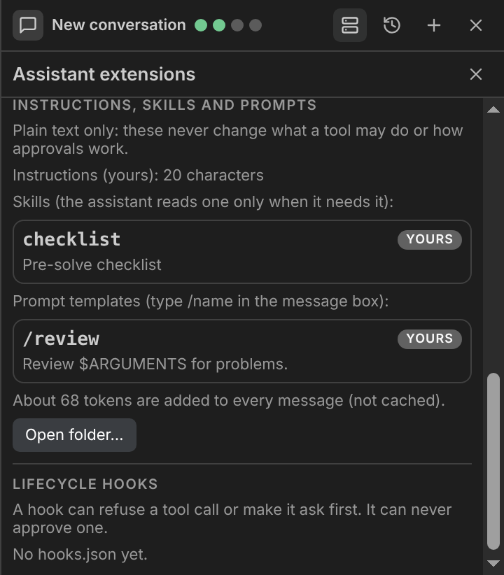 The panel's list of instructions, skills and prompt templates