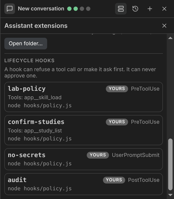 The panel's Lifecycle hooks section listing four hooks of yours