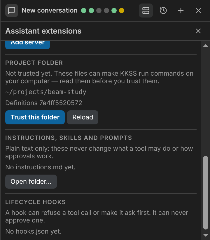 The MCP manager: a server of your own, a project server waiting for trust, and the project folder's trust prompt