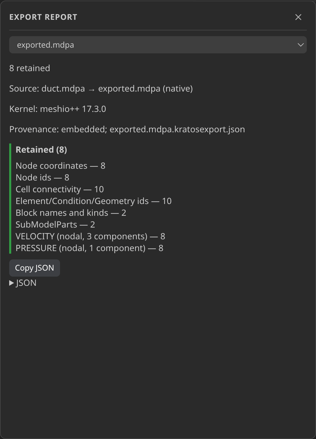 Native MDPA export with embedded provenance and a sidecar