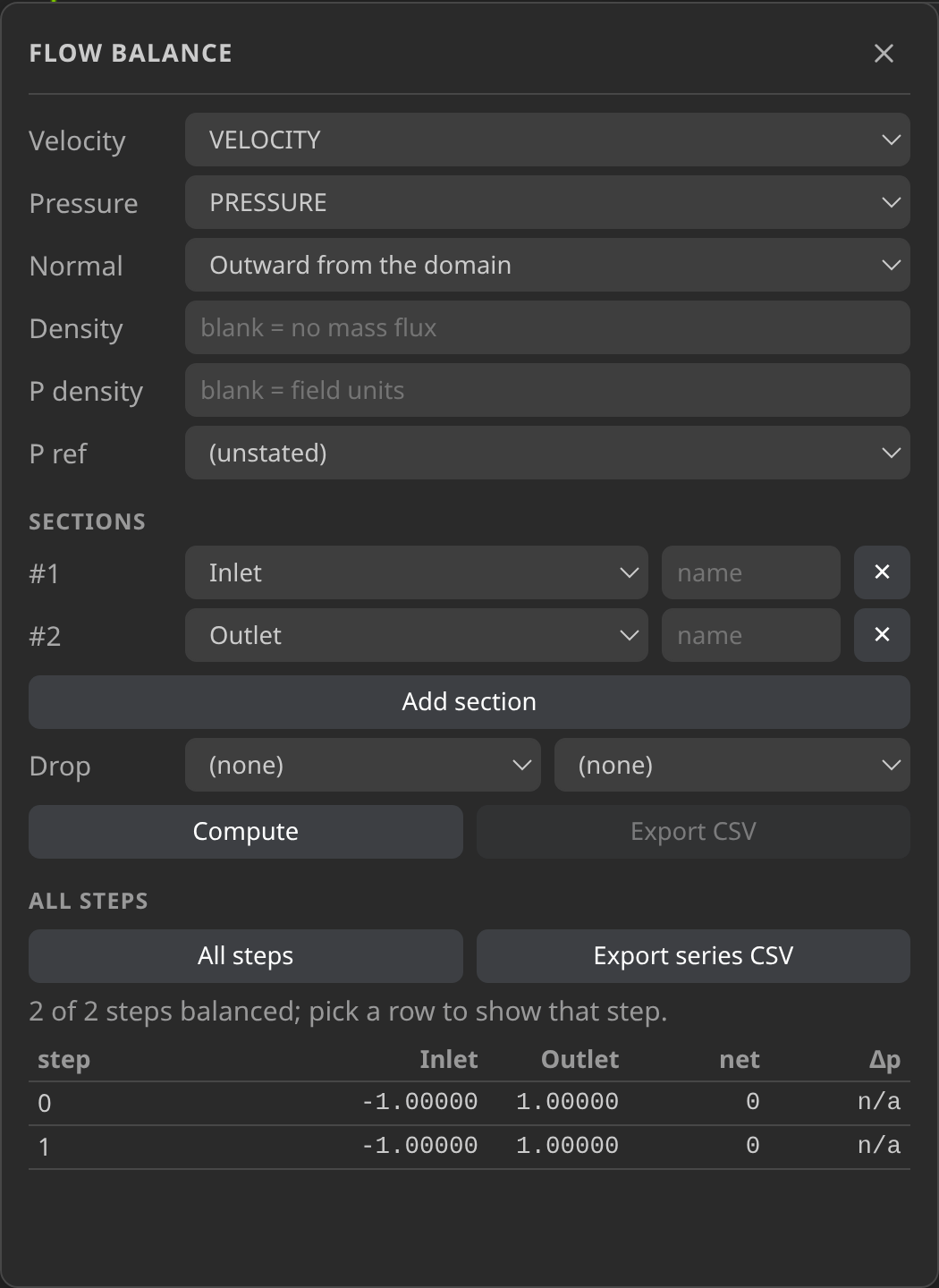 Two-step unit-area duct balance with CSV export