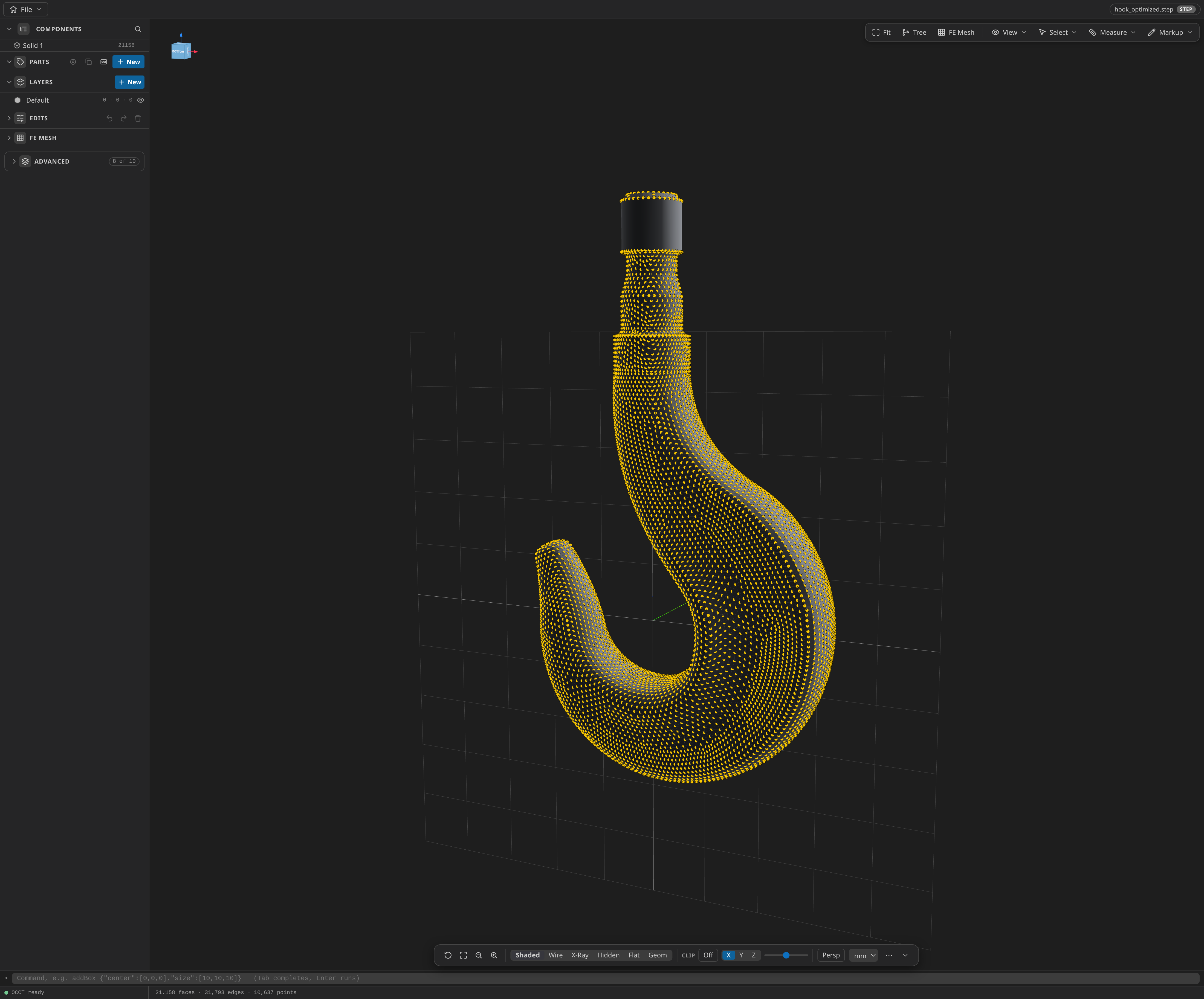 The optimized hook exported as STEP and reopened in CAD: the run's final design-field frame as a fitted B-rep solid