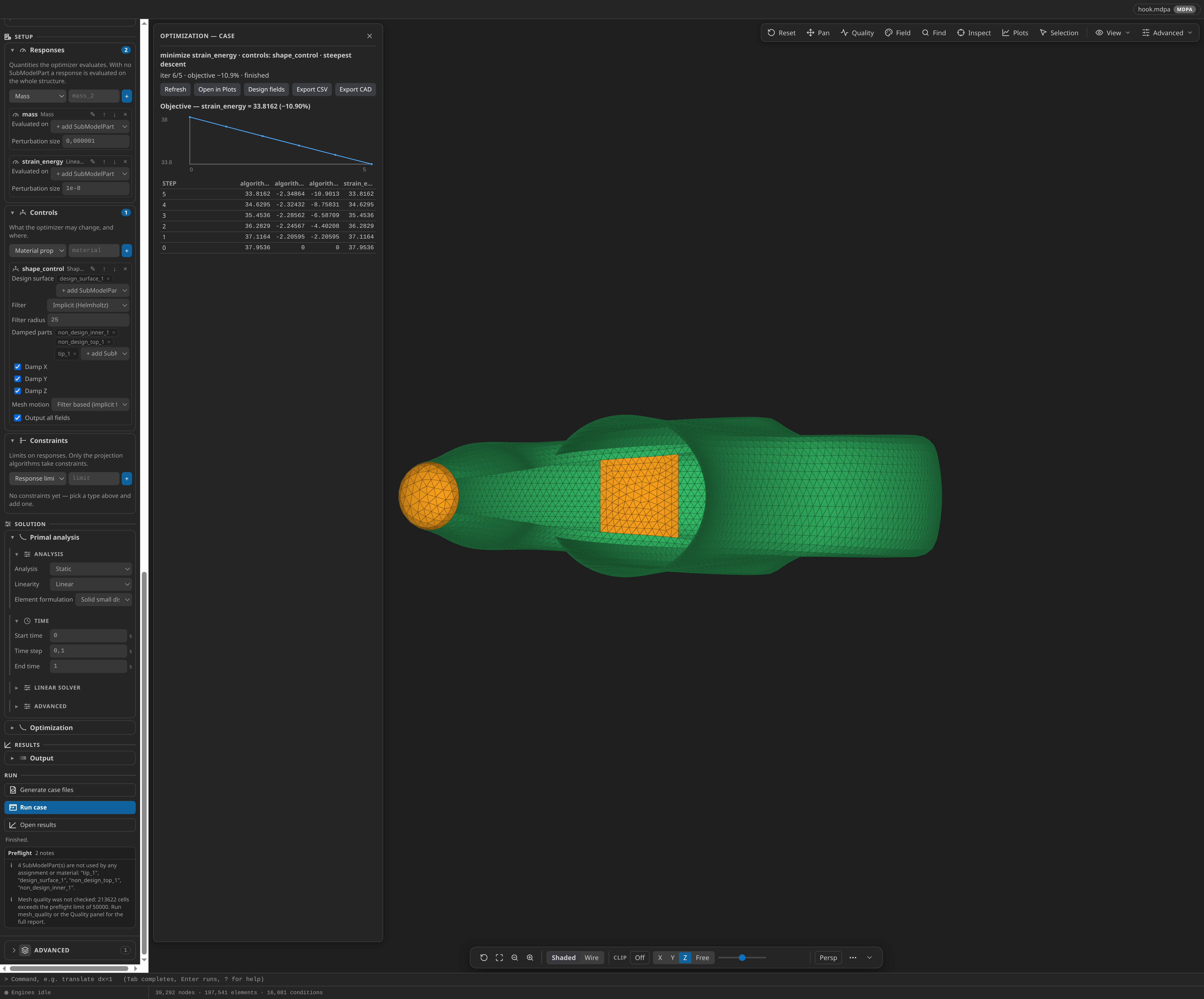 Optimization progress panel over the finished real run: the formulation, the objective history and the iteration table beside the hook mesh