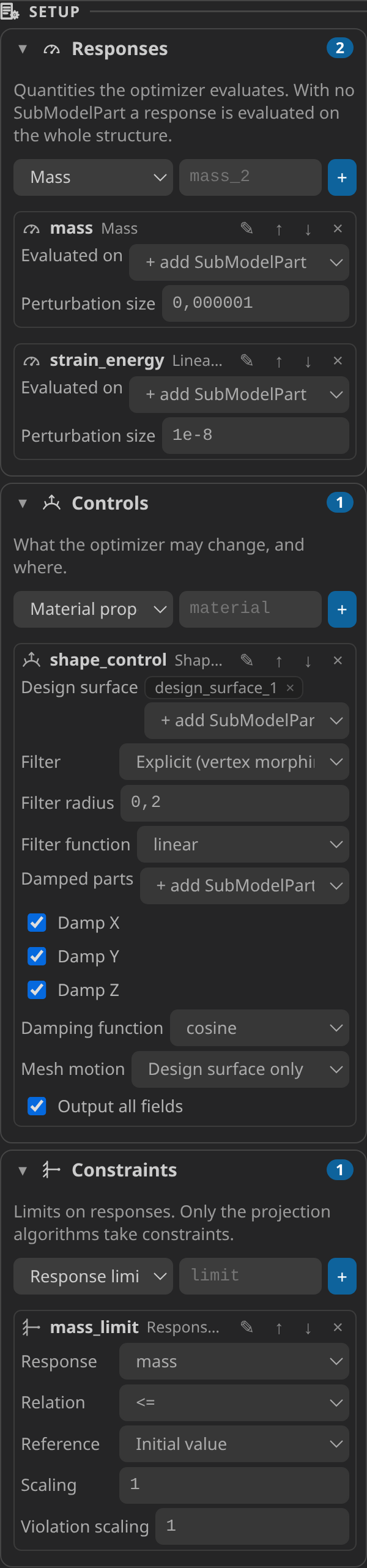 The Setup collections close up: responses (mass, strain energy), the vertex-morphing control's filter and damping settings, and a gradient-projection constraint