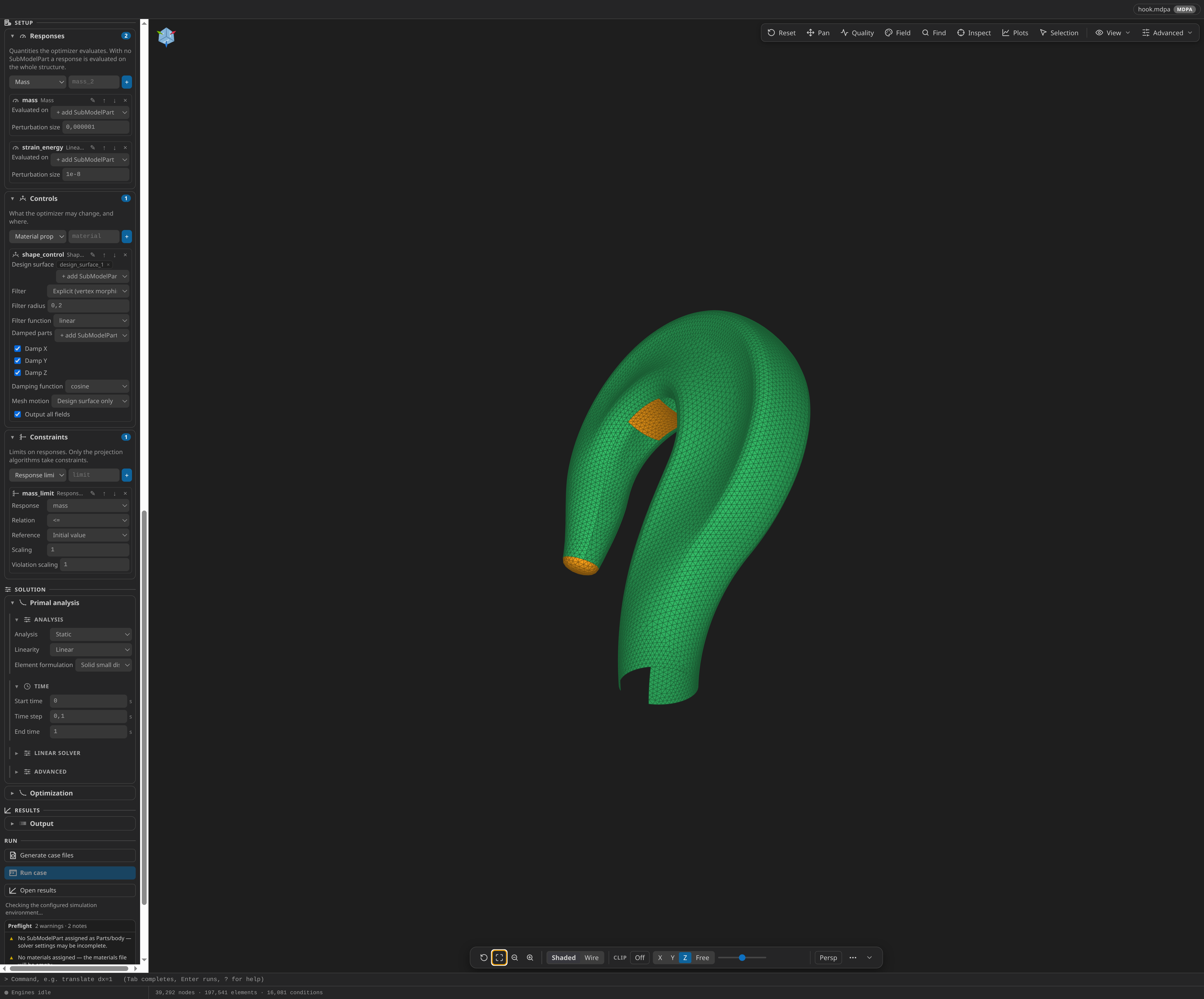 Structural Optimization Setup for the Kratos 3D-hook example: the responses, controls and constraints collections with a vertex-morphing control on the hook's own design_surface_1, beside the hook mesh