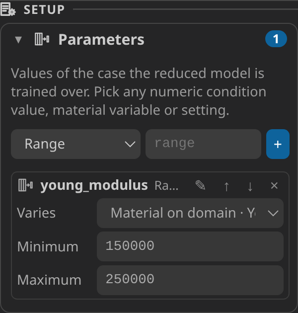 ROM Parameters: one range entry whose Varies target is the materials file's Young modulus, with its minimum and maximum
