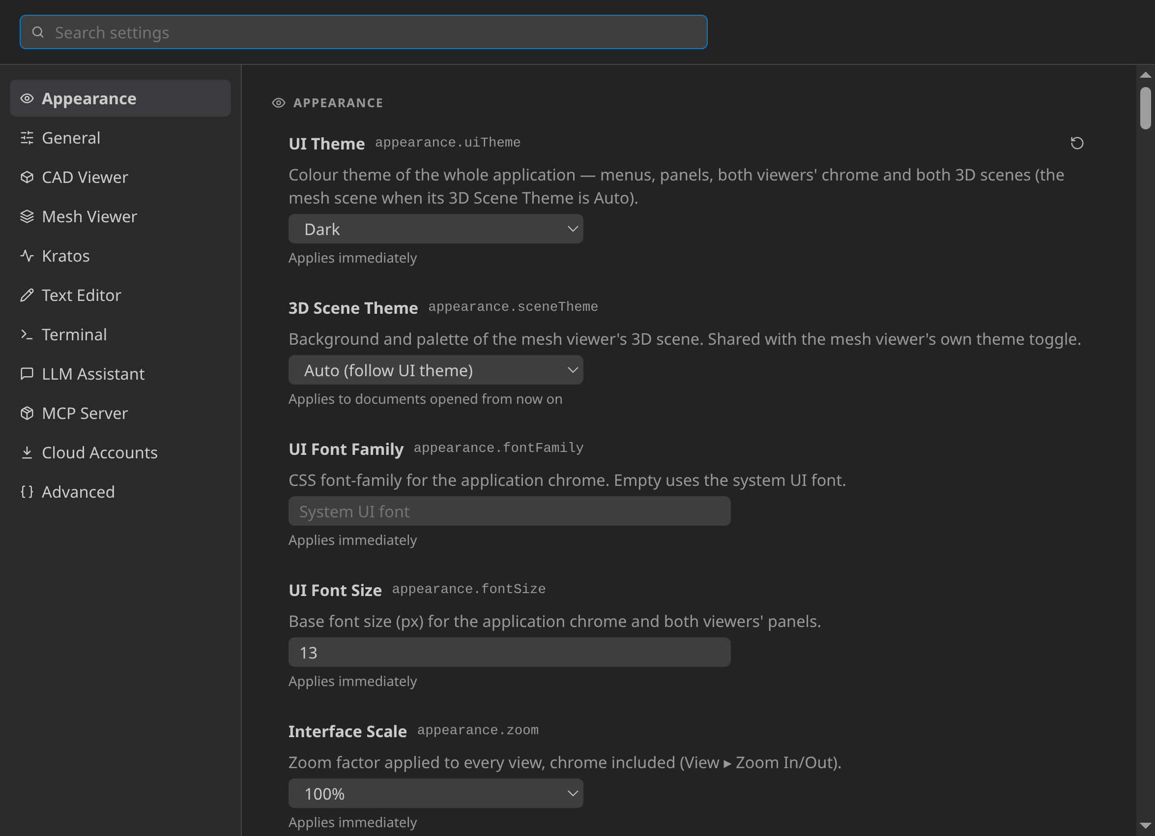 Settings page