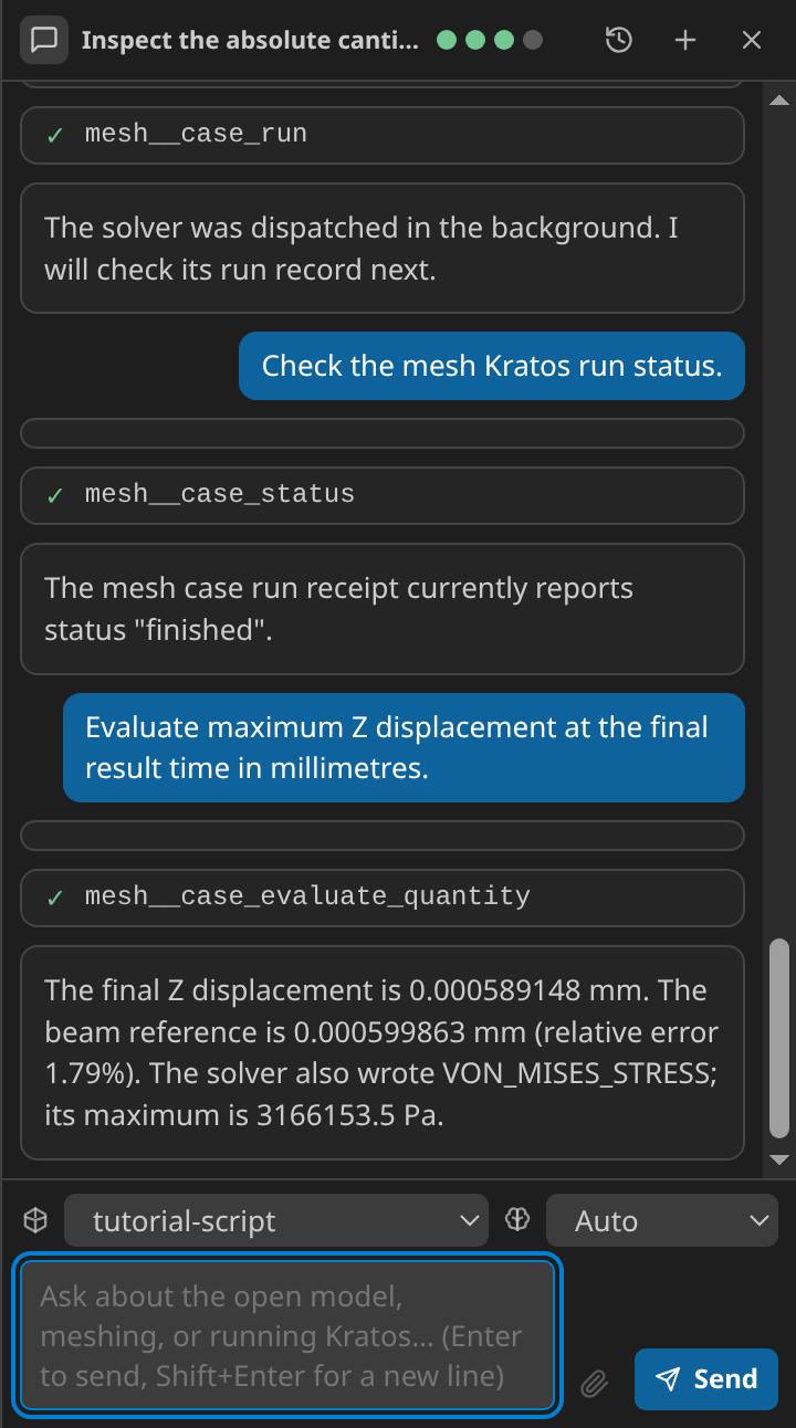 The scripted cantilever conversation reopened from chat history