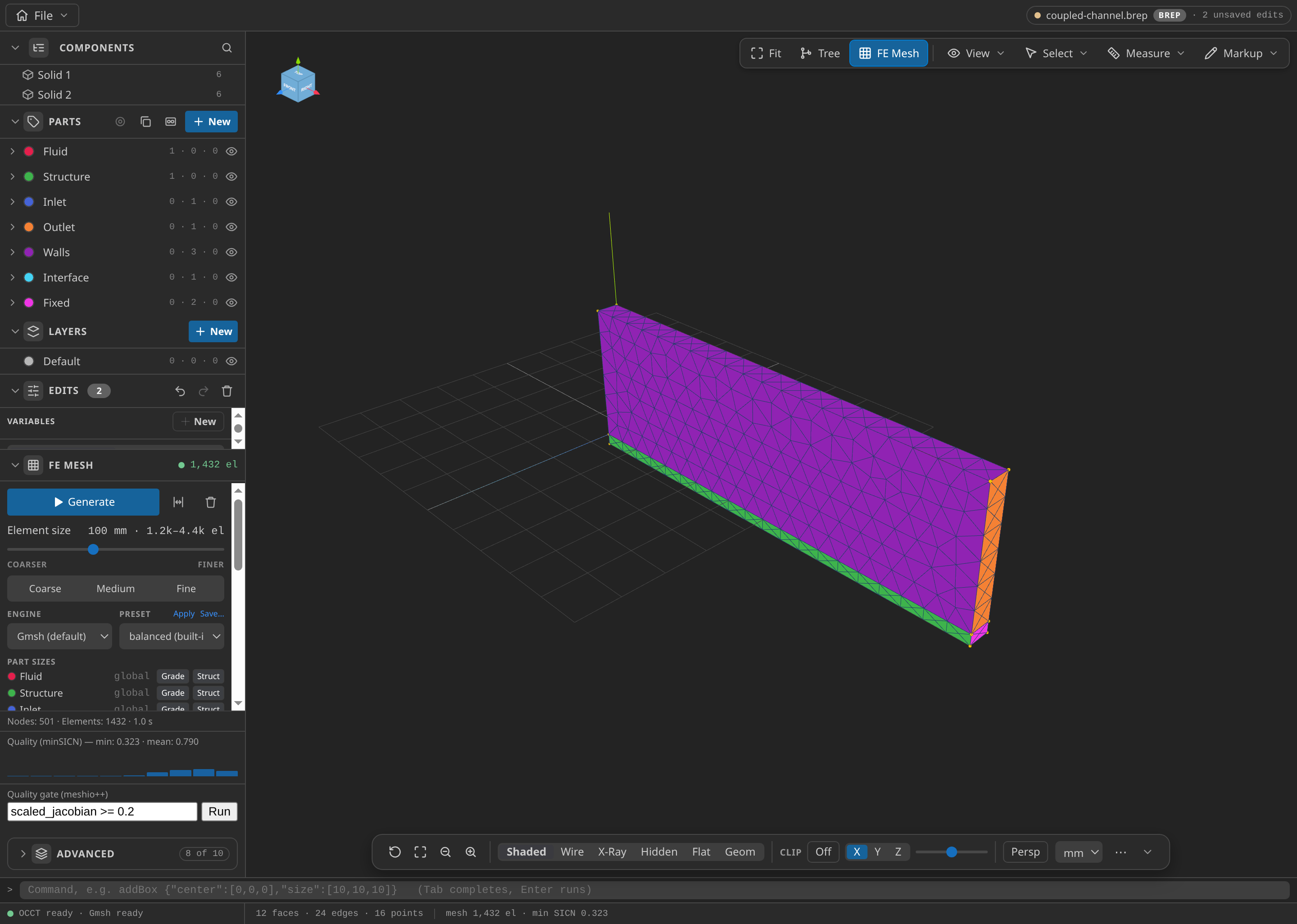 The CAD window after FE Mesh Generate, with the Parts panel open