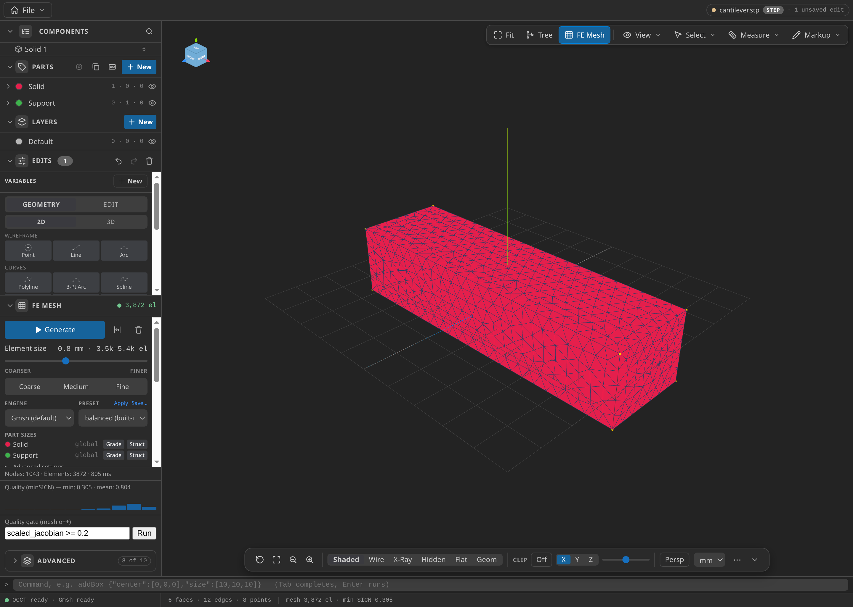 The CAD window after FE Mesh Generate, with the Parts panel open