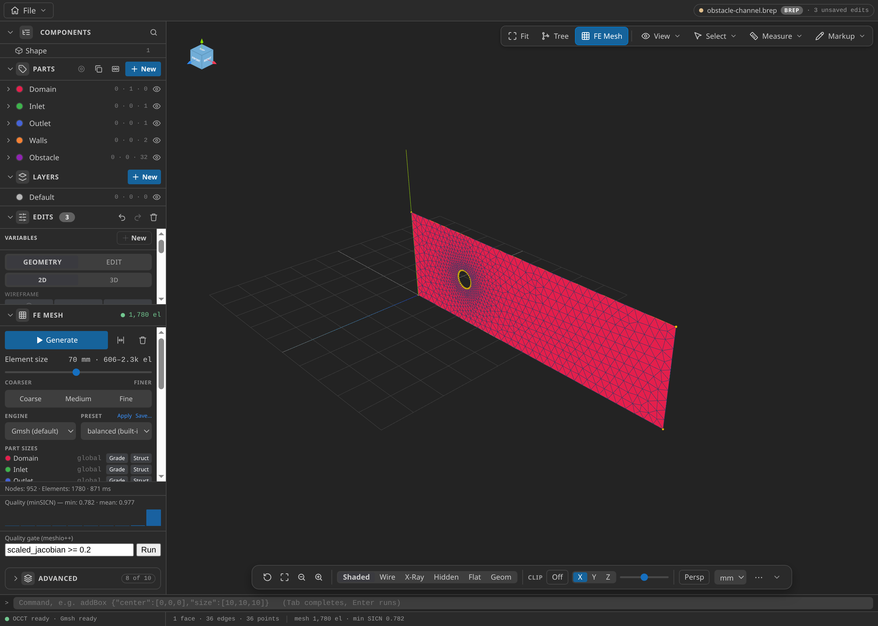 The CAD window after FE Mesh Generate, with the Parts panel open