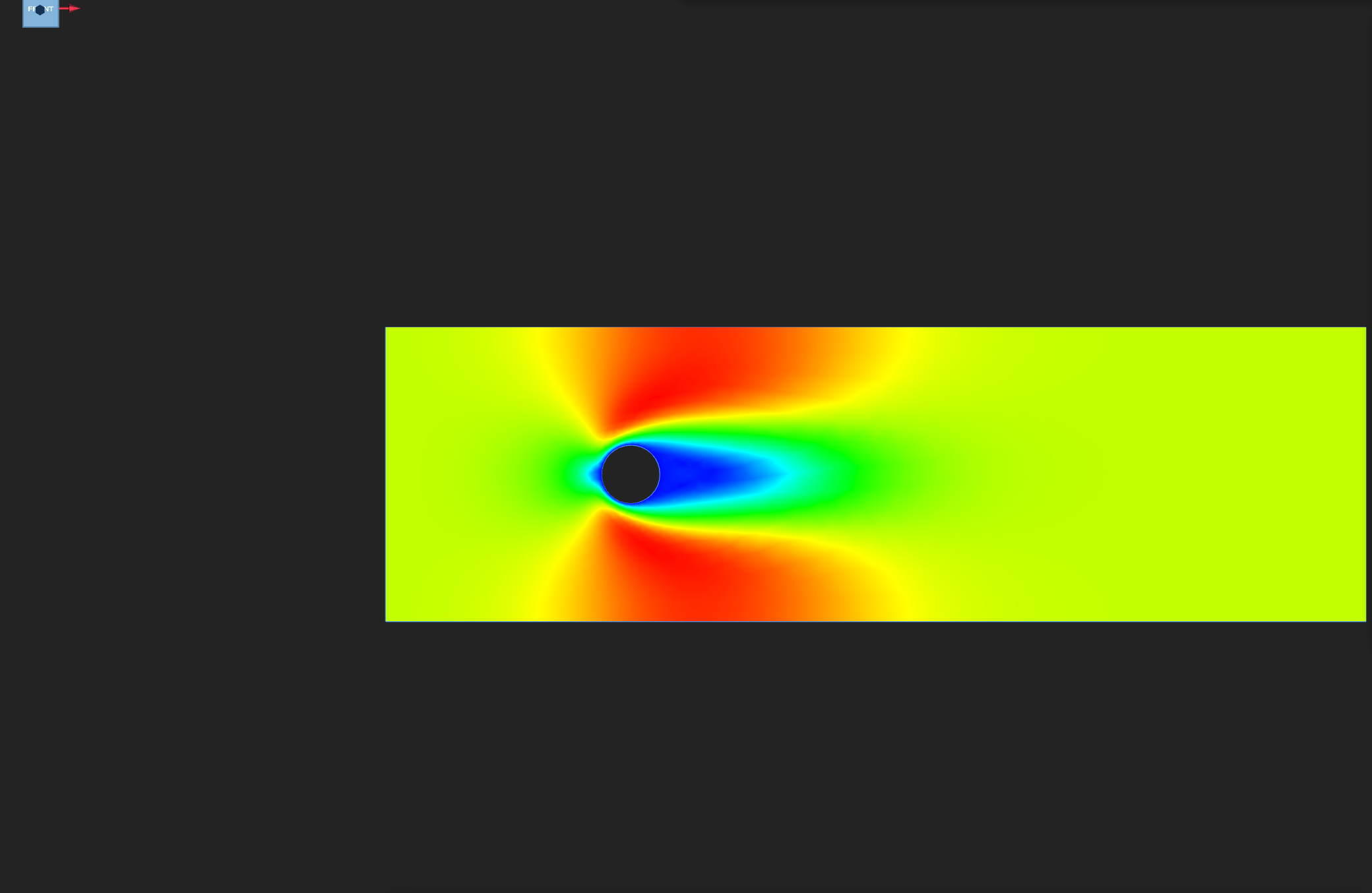 Velocity magnitude on the final frame, with the wake behind the obstacle