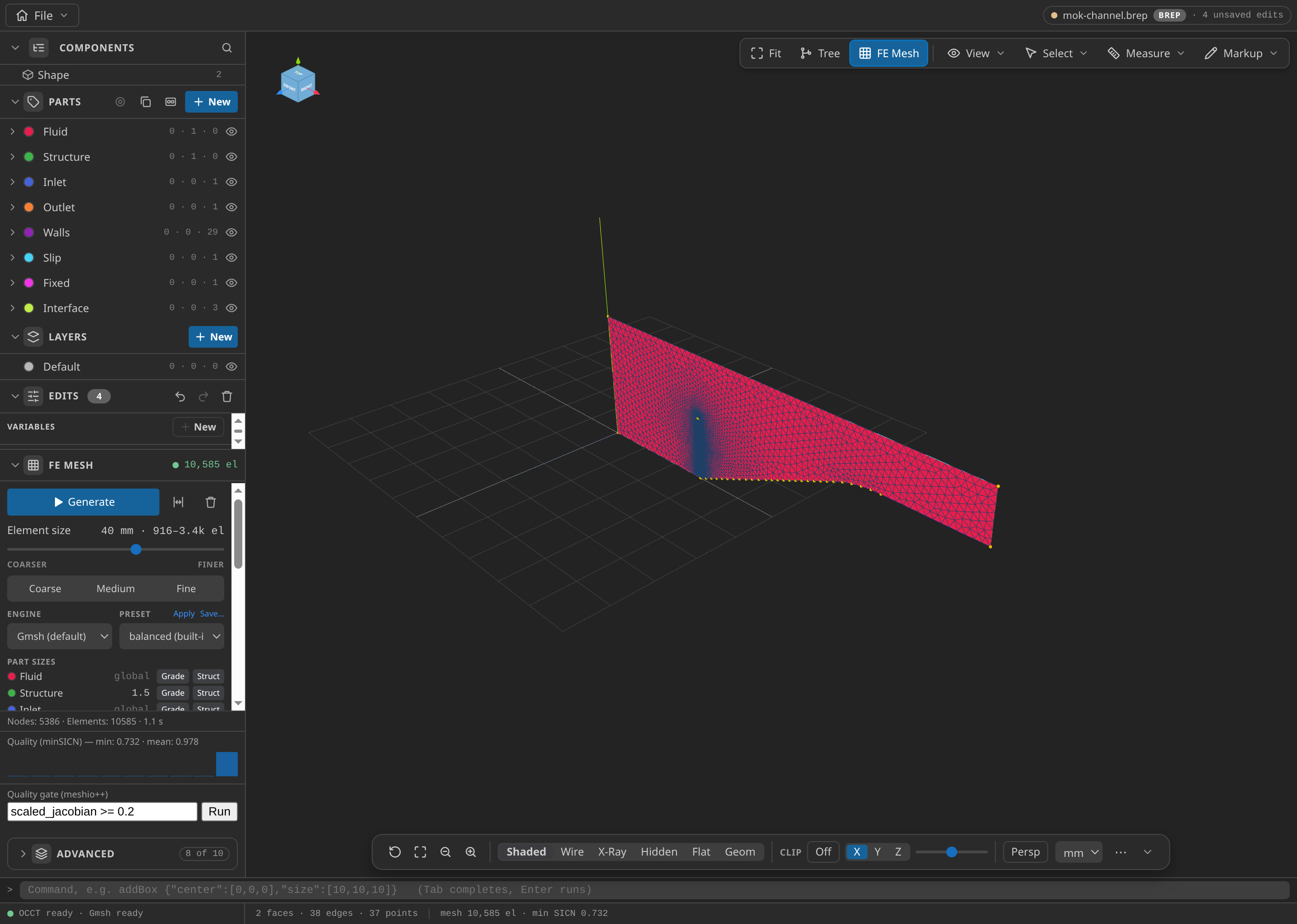 The CAD window after FE Mesh Generate, with the Parts panel open