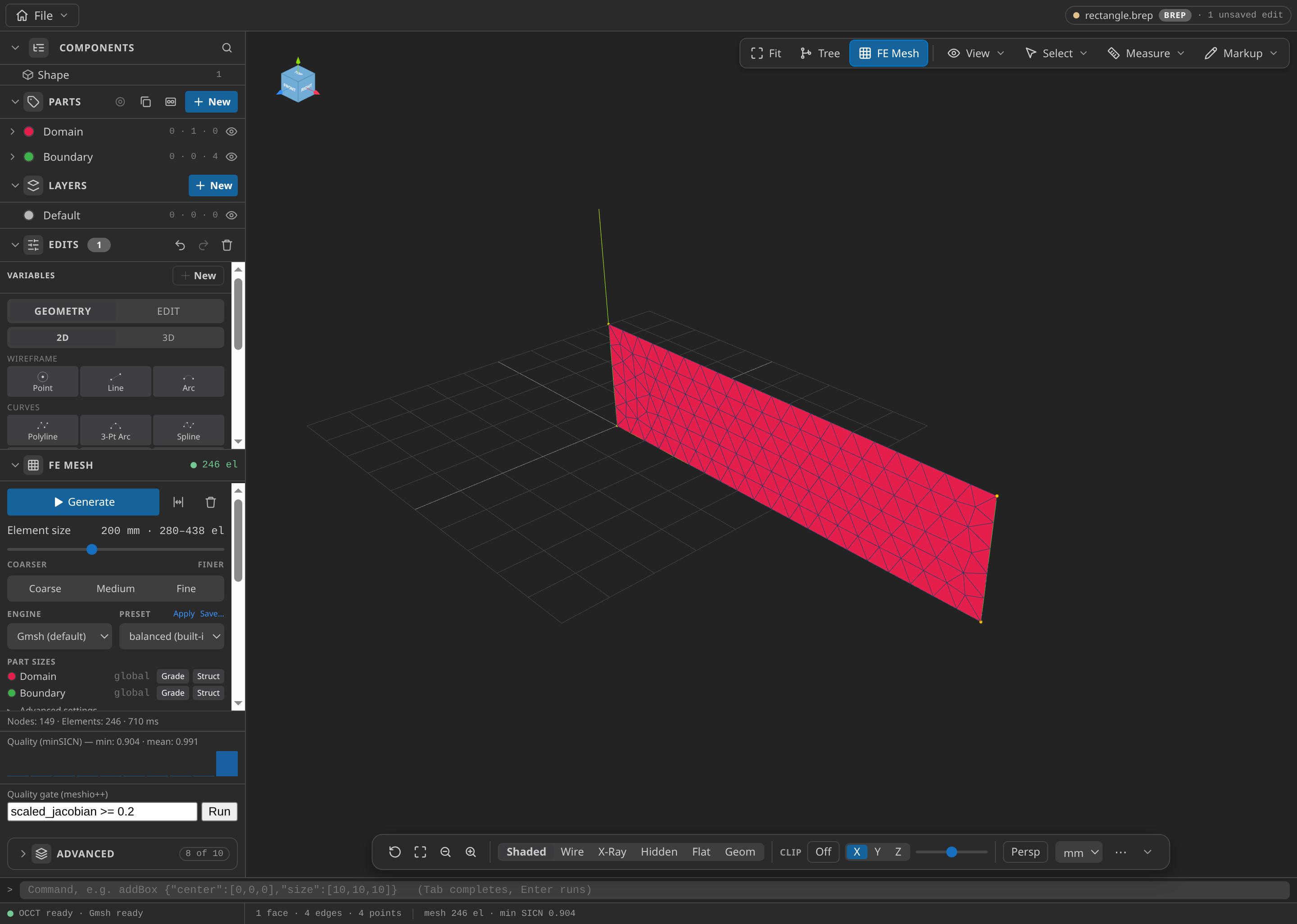 The CAD window after FE Mesh Generate, with the Parts panel open