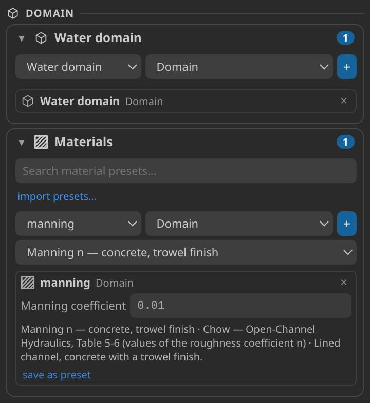 Parts and Materials cards for the shallow-water setup