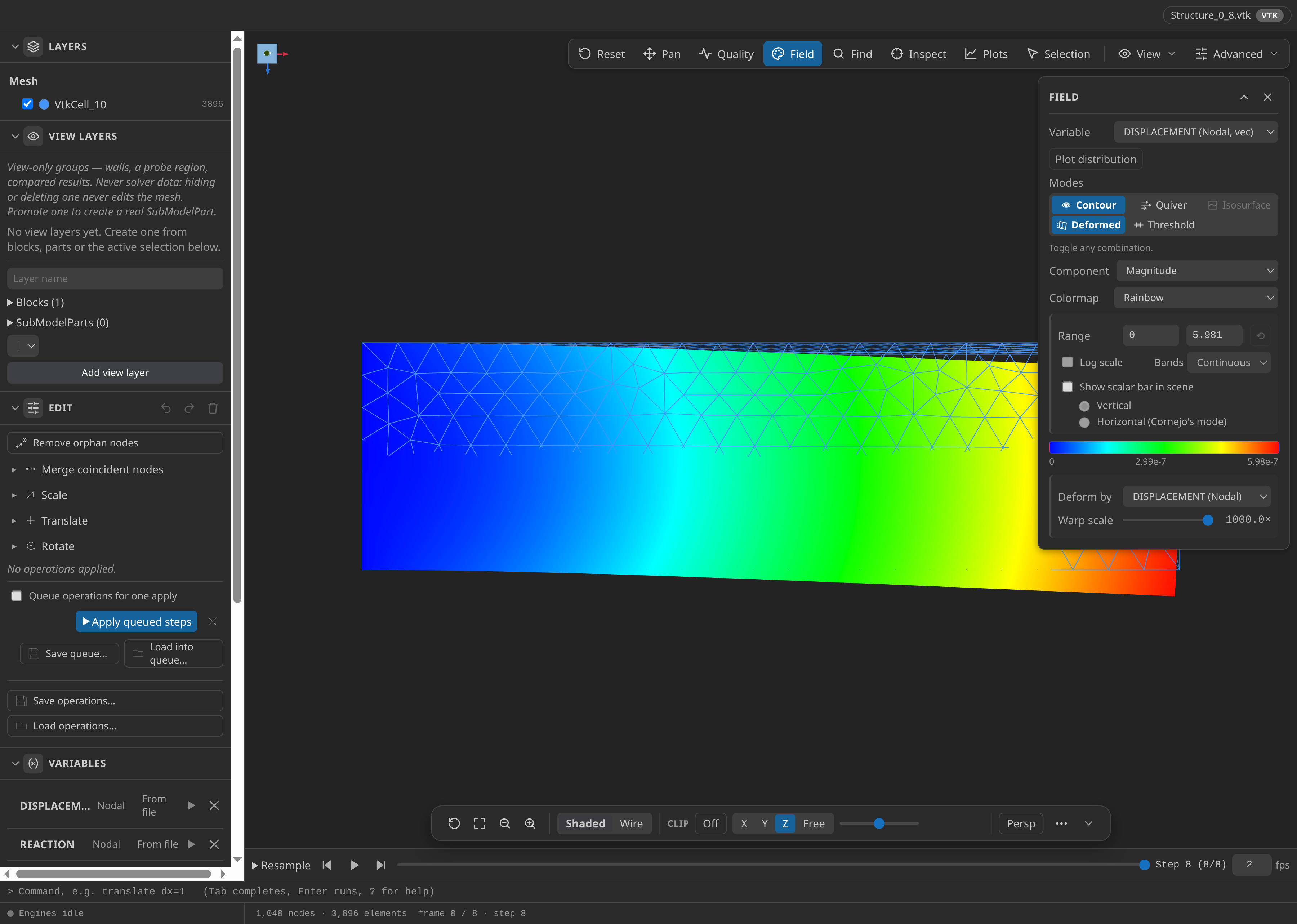 Displacement on the deformed cantilever at 1000× warp