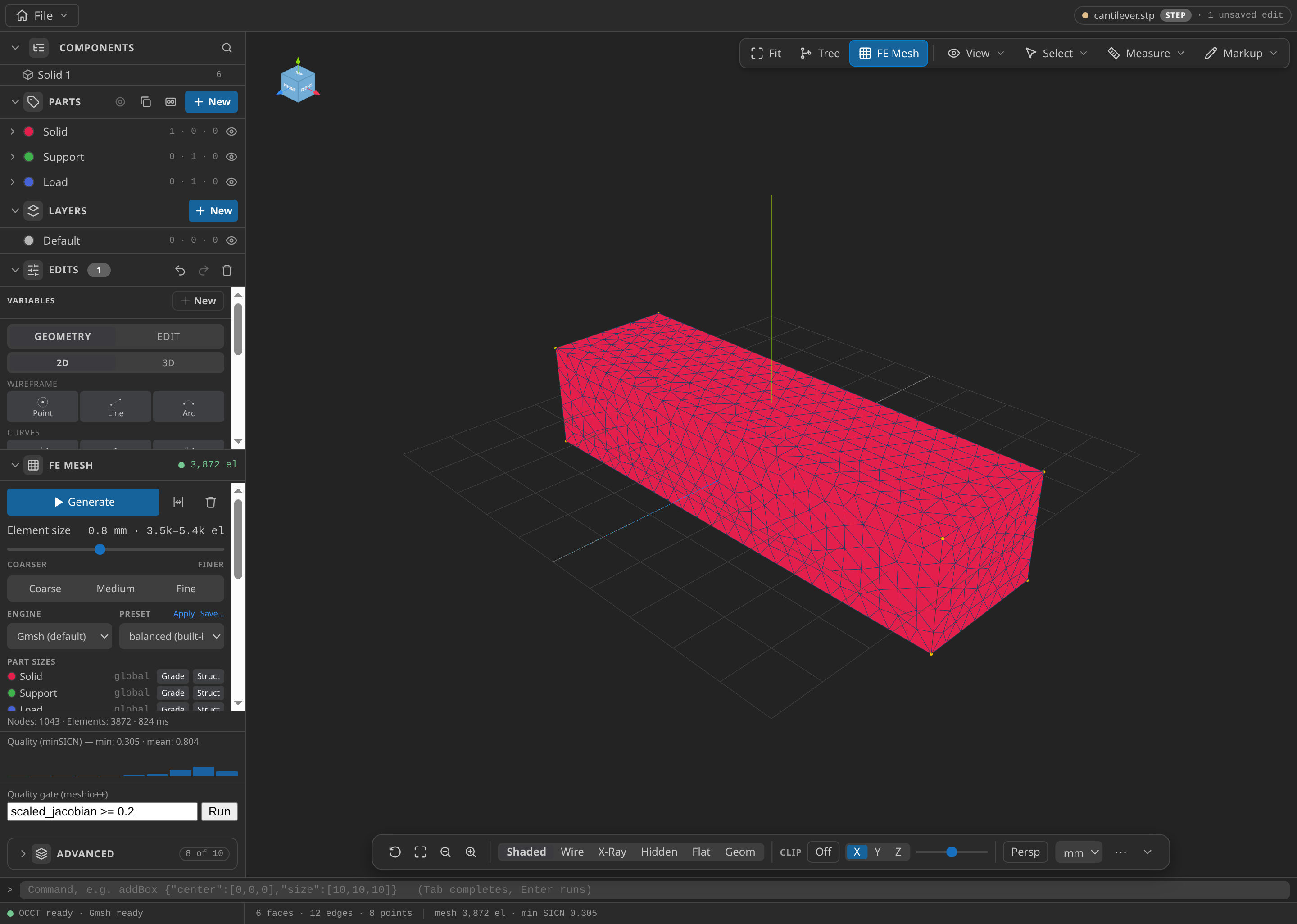 The CAD window after FE Mesh Generate, with the Parts panel open