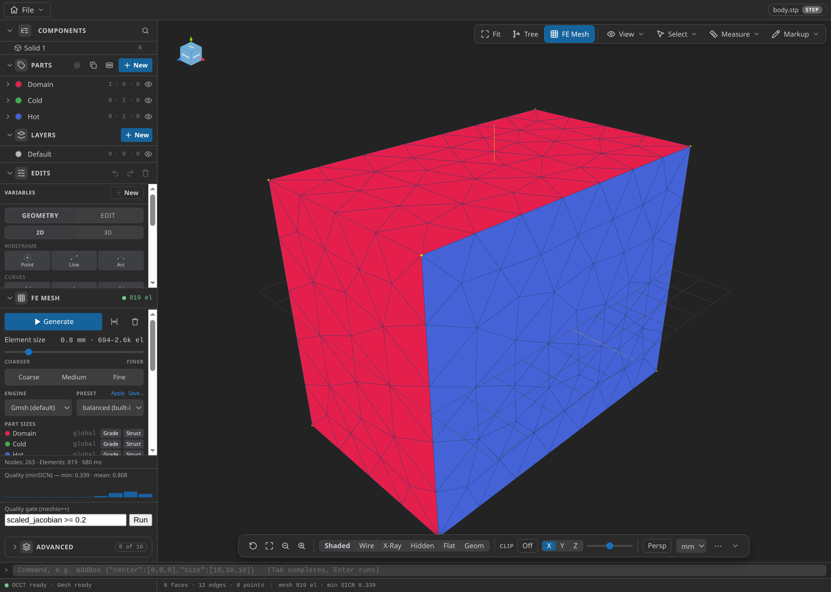 The CAD window after FE Mesh Generate, with the Parts panel open