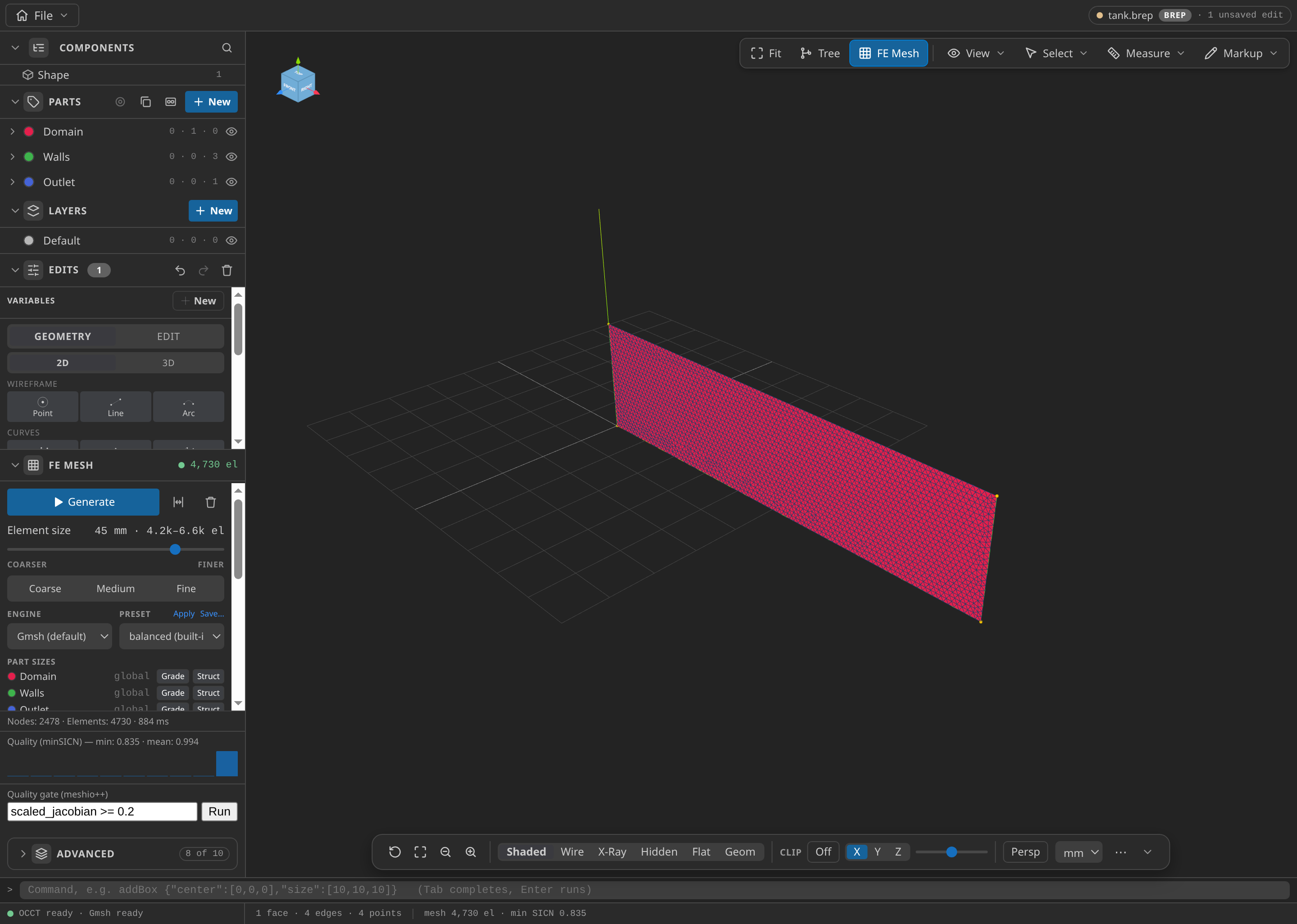 The CAD window after FE Mesh Generate, with the Parts panel open