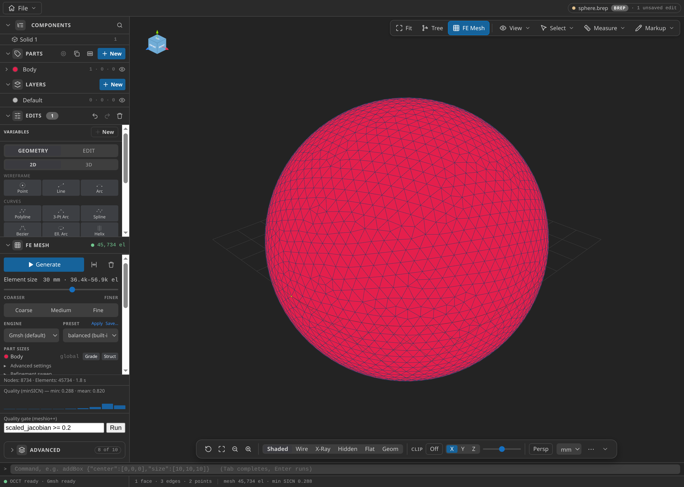 The CAD window after FE Mesh Generate, with the Parts panel open