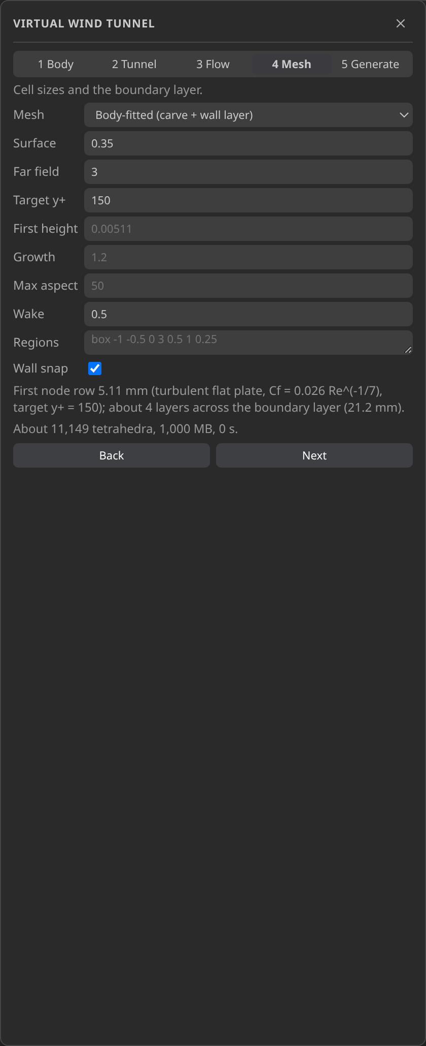 The mesh step: surface 0.35 m, far field 3.0 m, wake 0.5 m, first layer y+ 150