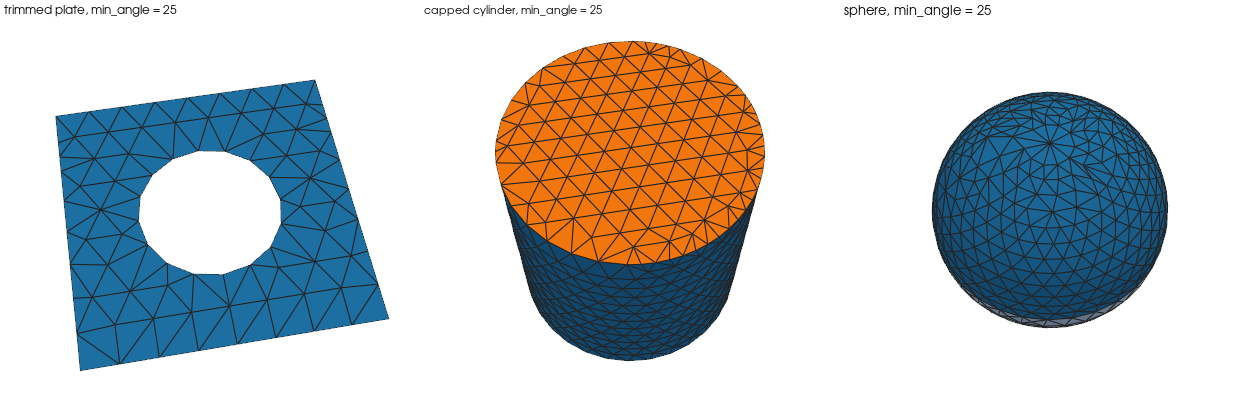 The trimmed plate at h = 0.5, a capped cylinder and a sphere at h = 0.2, refined to min_angle = 25