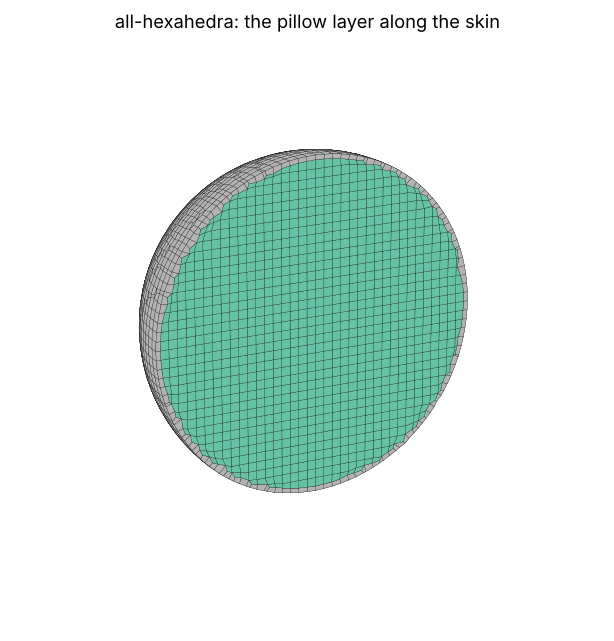 A sphere's hexahedra, cut open, coloured by pillow layer