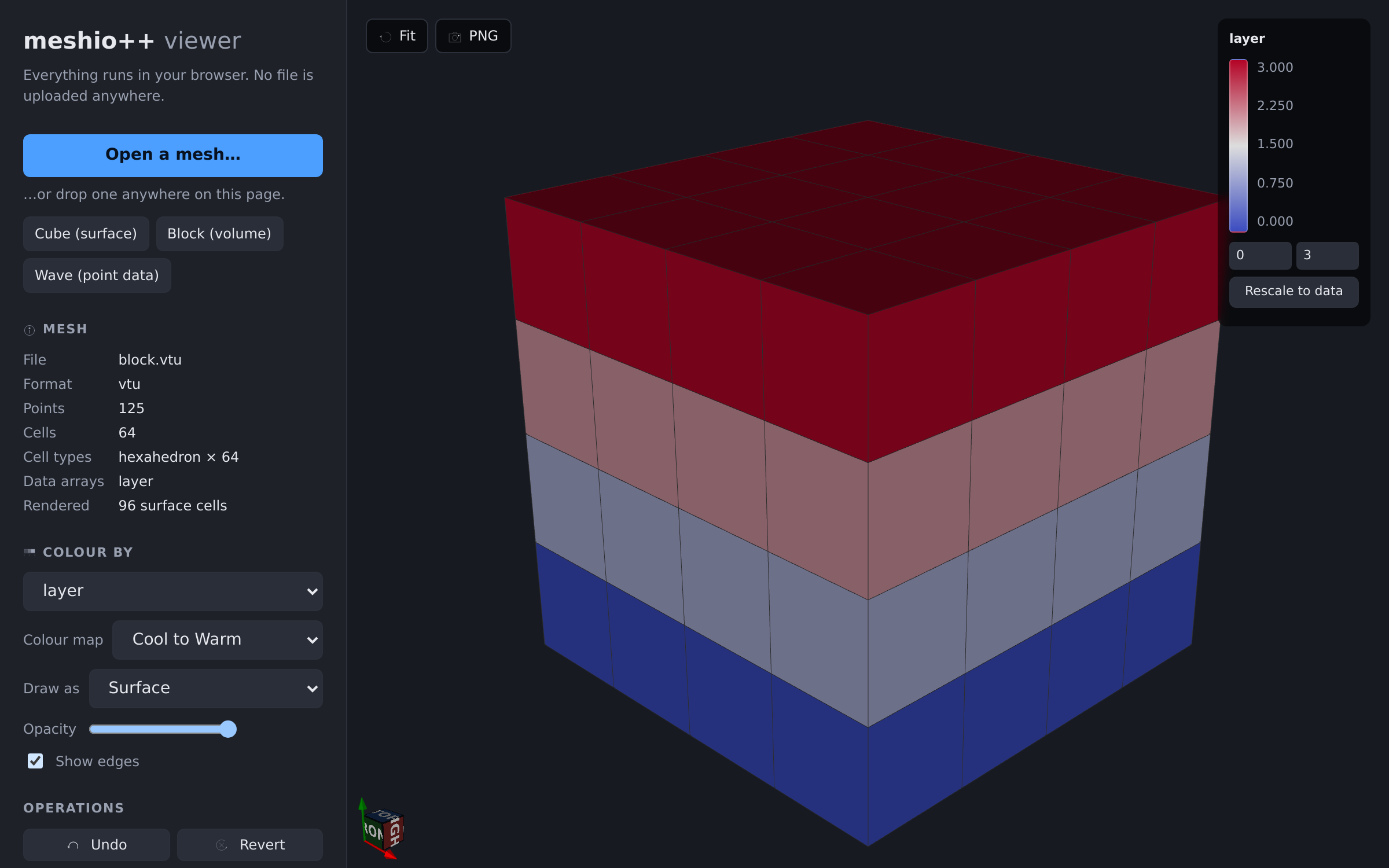 A hexahedral block rendered by its boundary, coloured by a per-cell tag