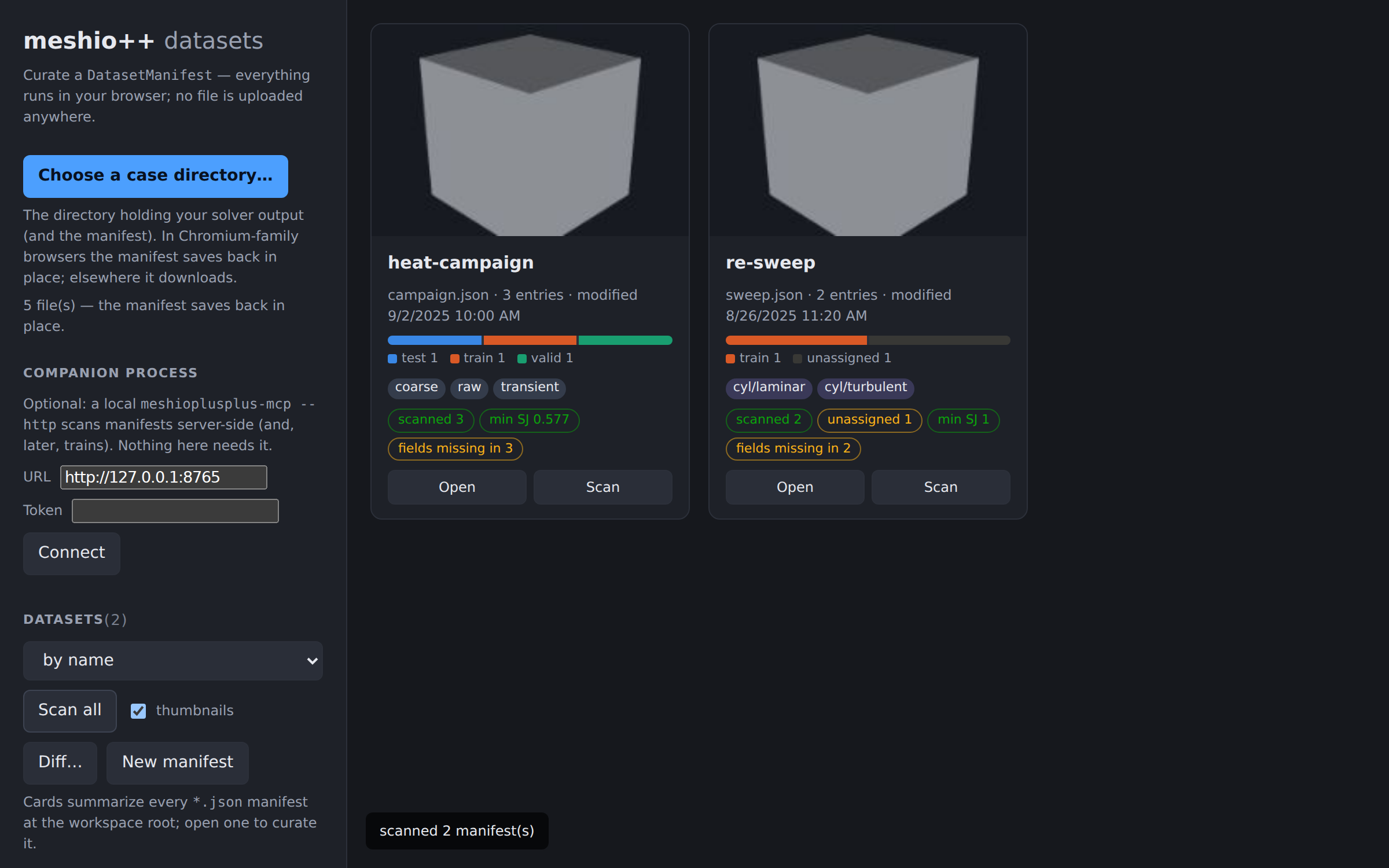 The dataset dashboard: one card per manifest in the workspace, with split balance, tags, health badges and a preview thumbnail
