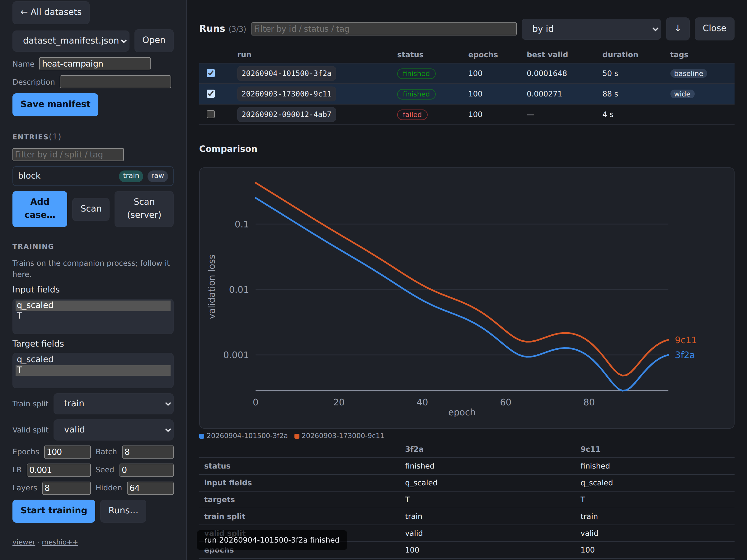 The run history: three runs, two selected, their validation curves overlaid and their hyperparameters side by side