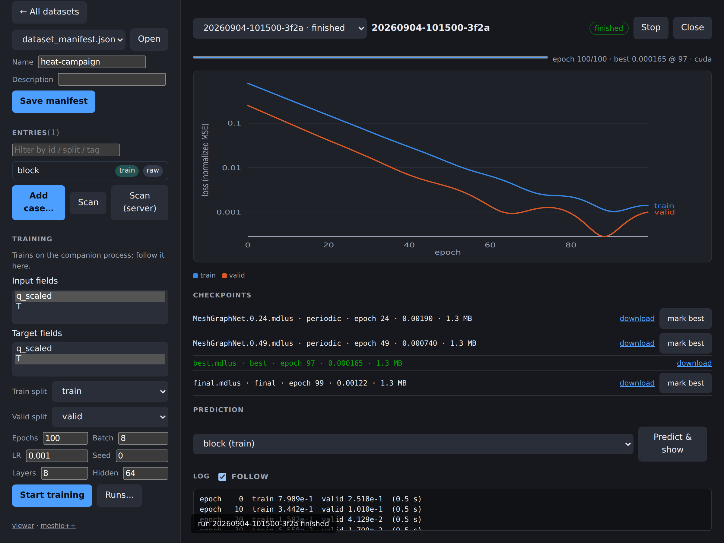 A training run in progress: the loss curve, progress and ETA, the checkpoint list and the live log